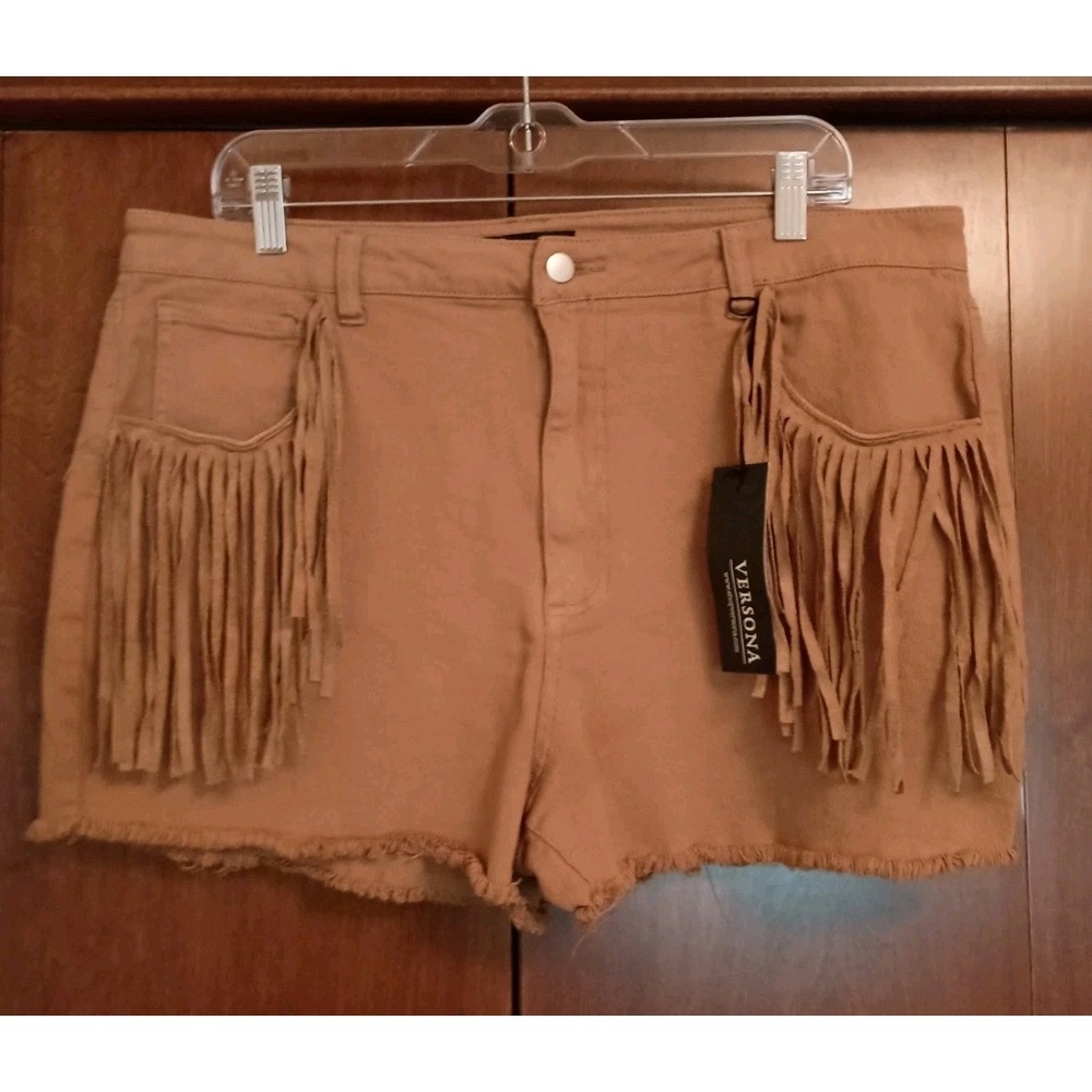 Versona Brown Suede Fringe Denim‎ Cutoff Shorts Sz 18 Western Boho Festival